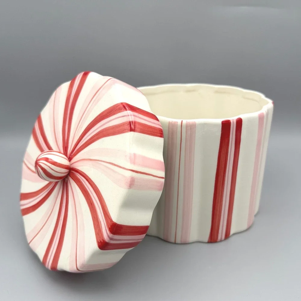 Jackson & Perkins Ceramic Canister Large Red Pink Striped Peppermint Lid